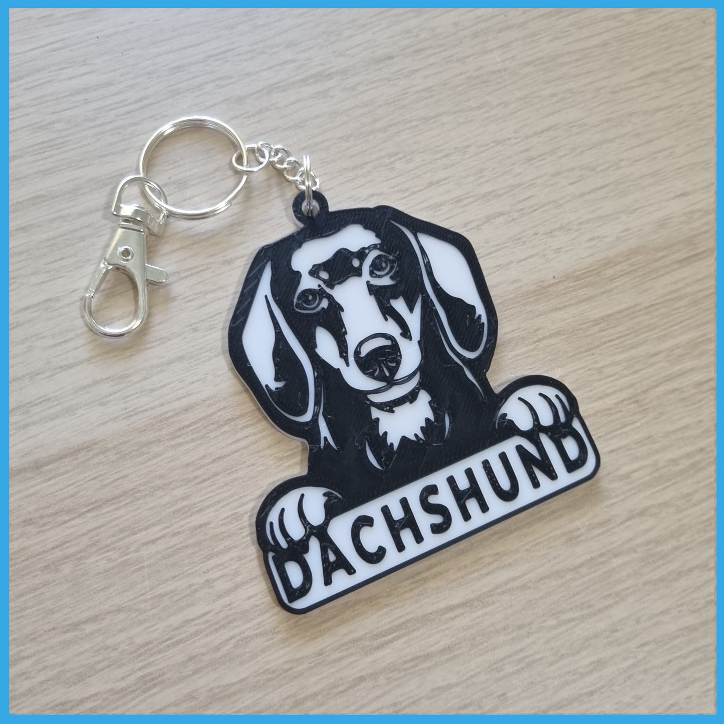 3D Printed Black & White Dog Breed Keychain - Dachshund