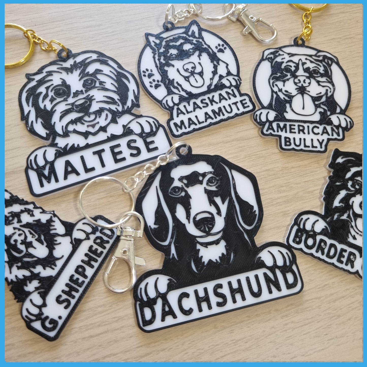 3D Printed Black & White Dog Breeds Keychains