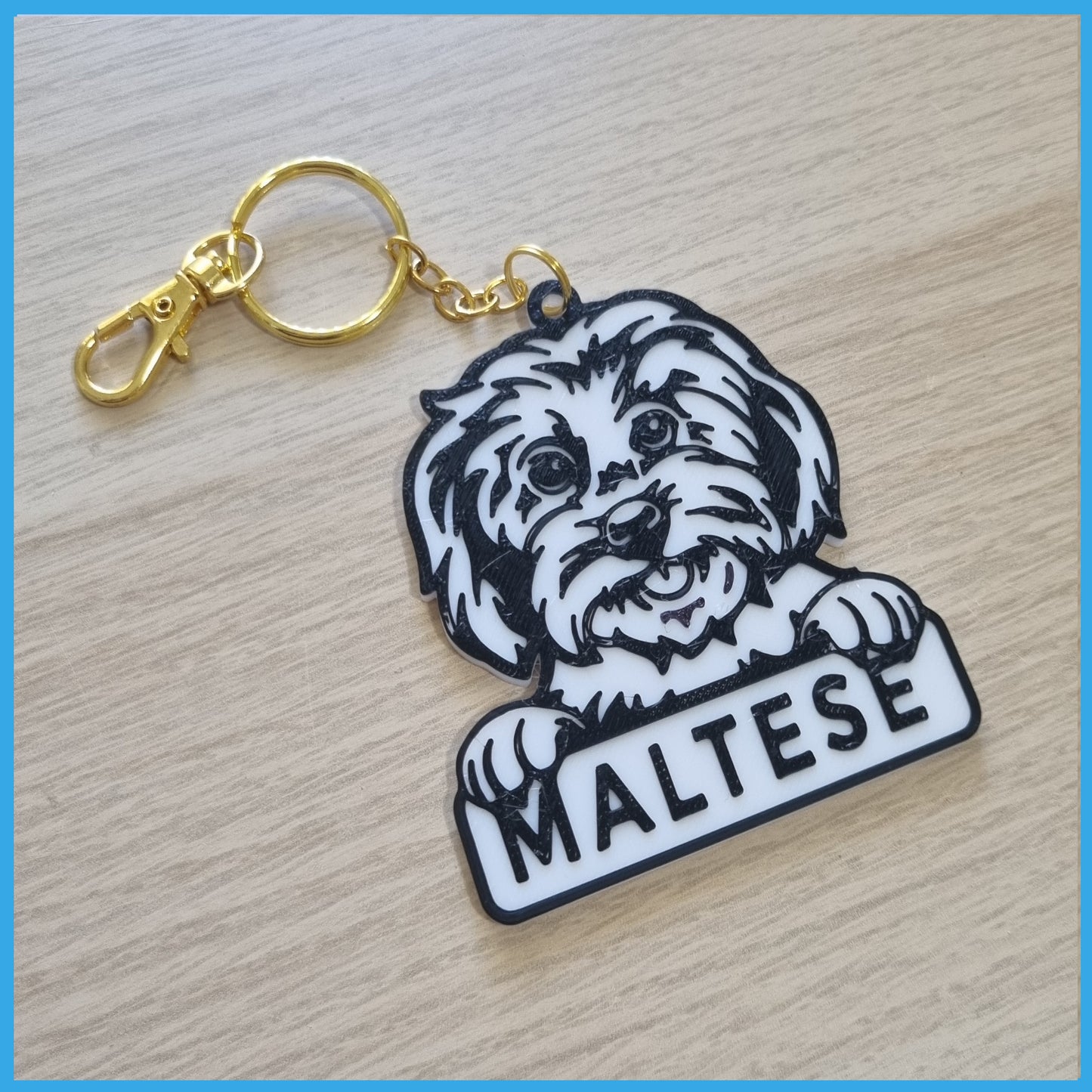 3D Printed Black & White Dog Breed Keychain - Maltese