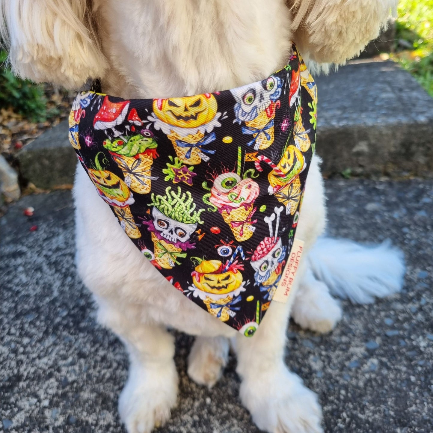 Dog wearing a colorful Halloween-themed bandana outdoors.