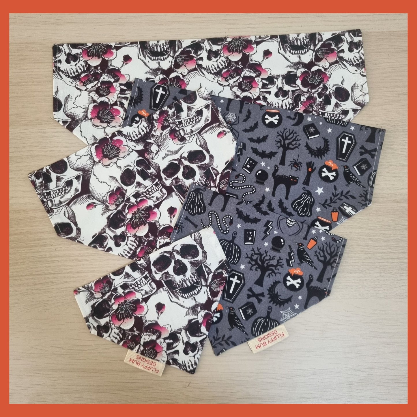 Two fabric swatches with Halloween-themed patterns - pet bandanas