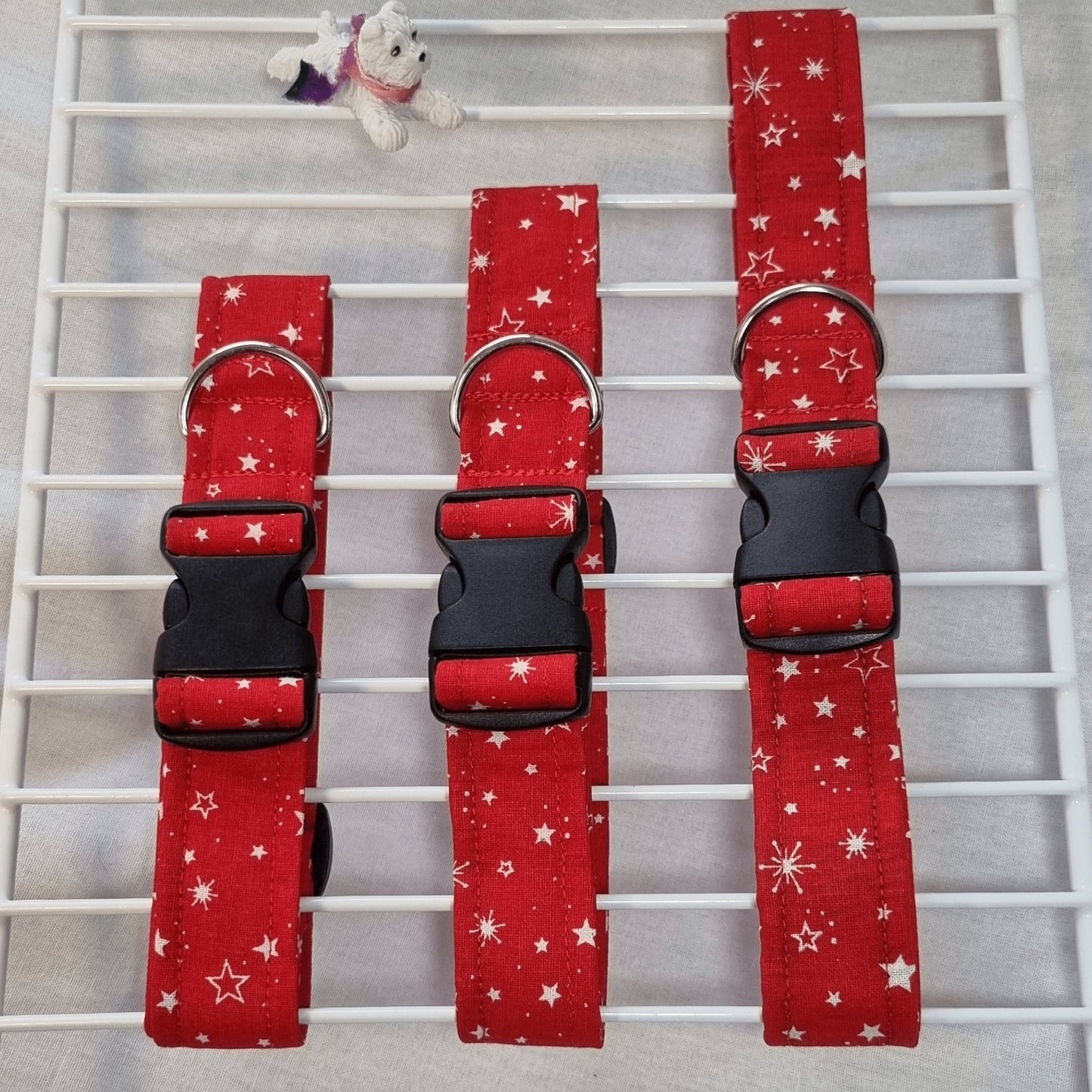 White Stars and Snowflakes on red fabric Collar - All Sizes