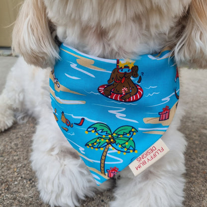 Close up of Christmas Chill Bandana on Small White Dog