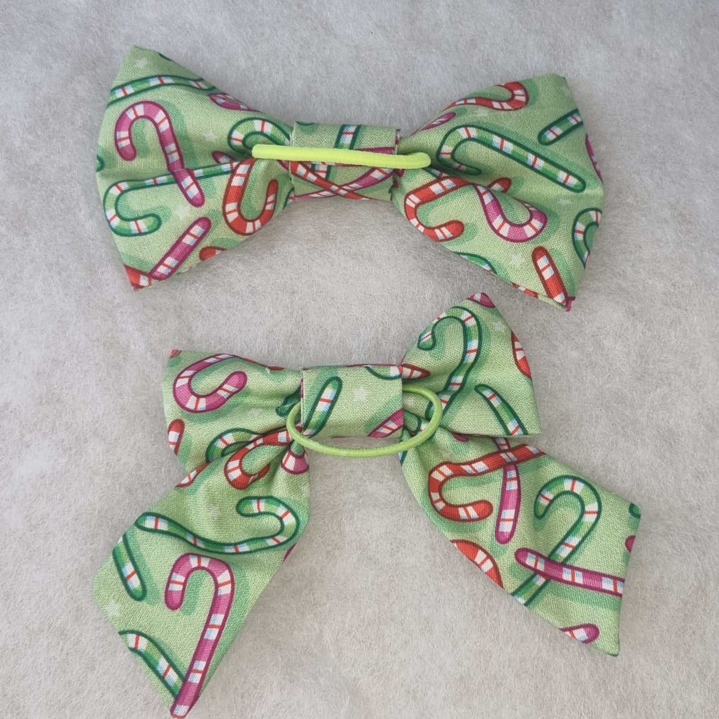 Colourful Candy Canes Hair Bowties - back of bowtie showing hair ties