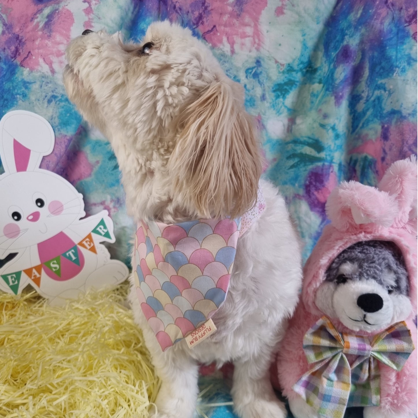 Dog wearing easter themed bandana