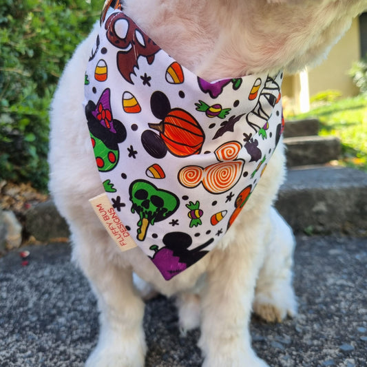 Dog wearing a colorful bandana with Halloween-themed designs on a concrete surface.