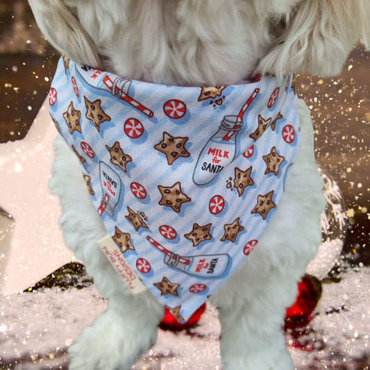 Dog wearing a festive bandana with cookies and milk design against a snowy background