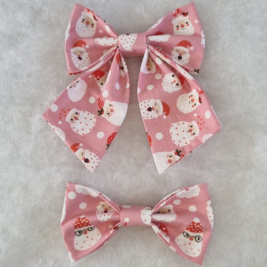 Santa Faces on Pink Fabric Large Hair bowties