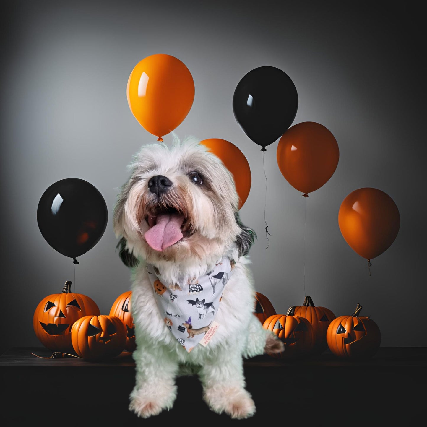 Dog wearing small spooky pooches bandana