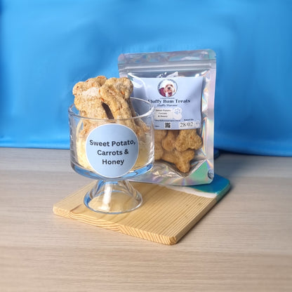 Sweet Potato, Carrot & Honey Dog Treats Packet and in Glass Cup