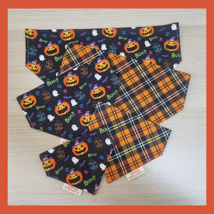 Halloween-themed pet bandanas with pumpkins, ghosts, and text 