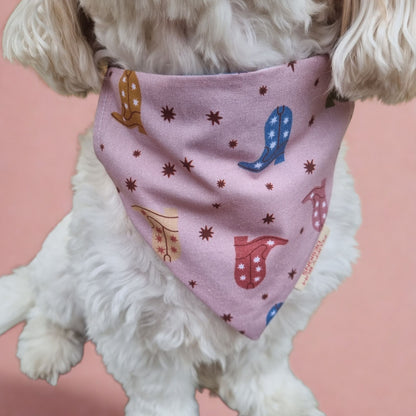Small White Dog wearing western themed bandana - close up of pink boot design