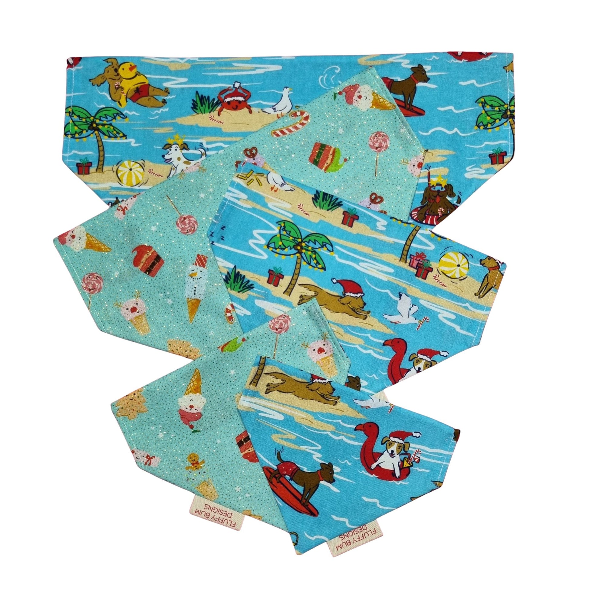 Dog bandanas with beach-themed Christmas pattern on a white background